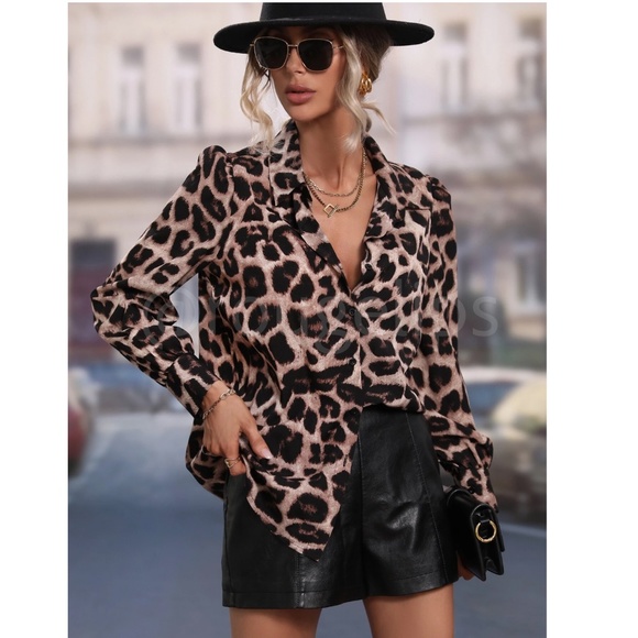 Animal Print Cheetah Leopard Casual Button Up / Down Shirt Black Brown Beige - Picture 3 of 9